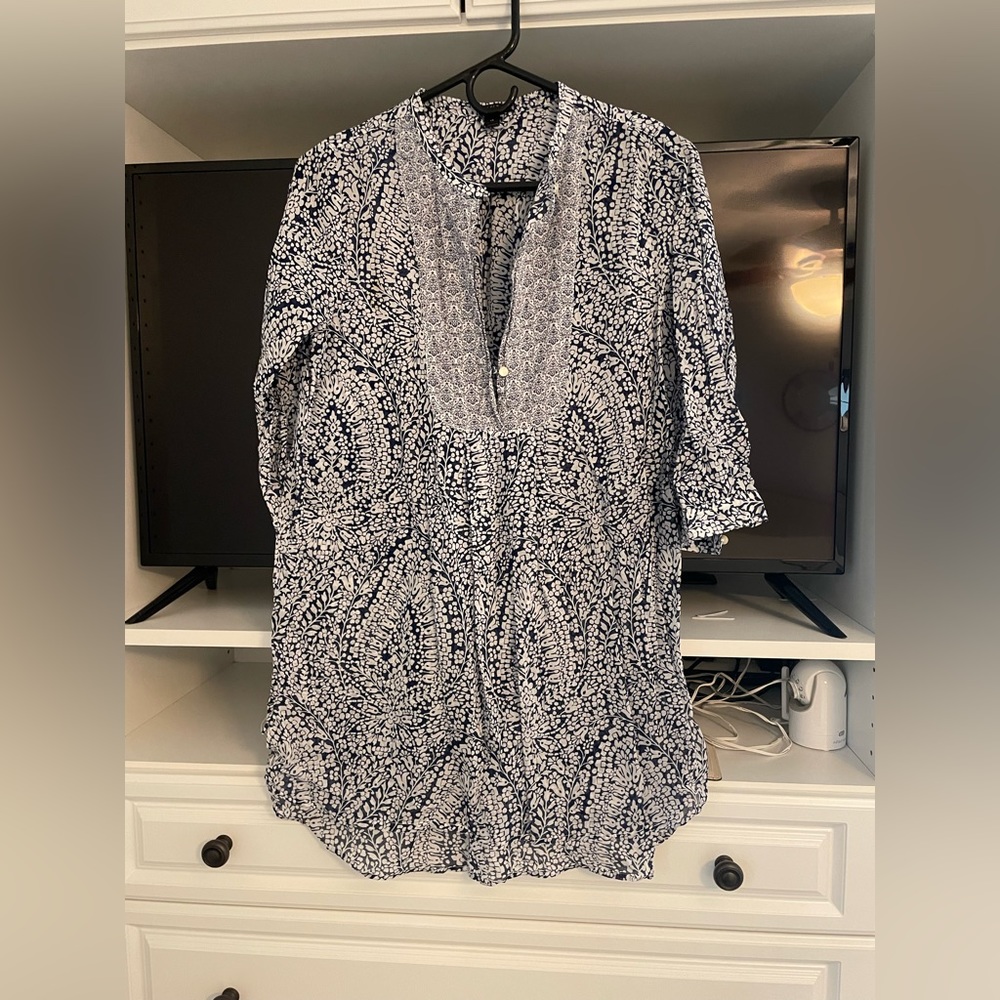 J Crew blue & white print sheer tunic top, XS